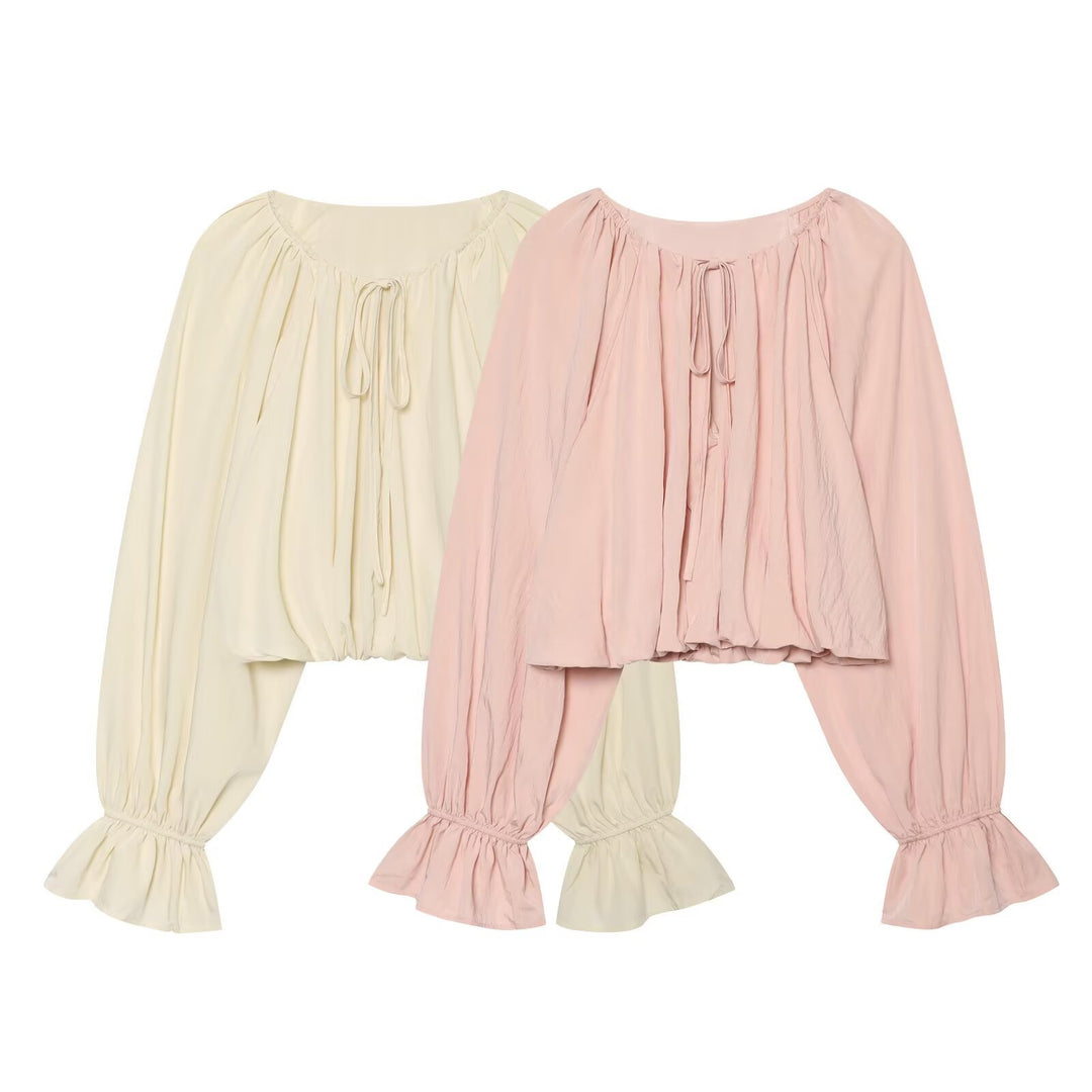 Women's Carmen Cropped Blouse with Drawstring Collar, Ruffled Hem and Balloon Sleeves Amarae