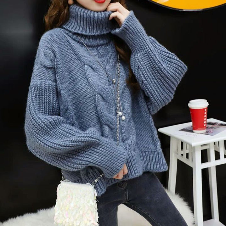 Thick knit sweater for women with a high turtleneck and a modern braiding pattern Lune London