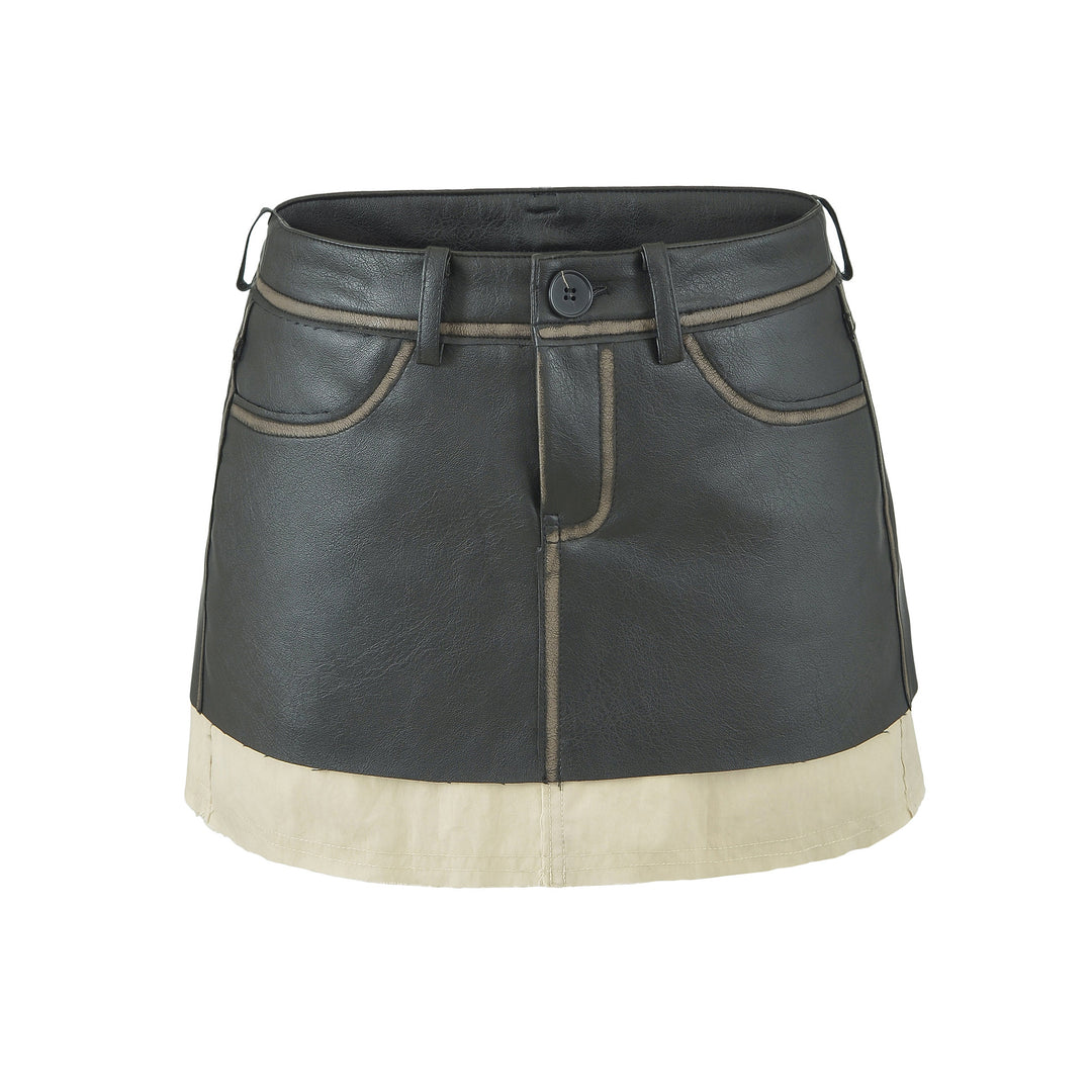 Ladies High-Waisted Faux Leather Mini Skirt with Decorative Seams and Belt Loops Amarae