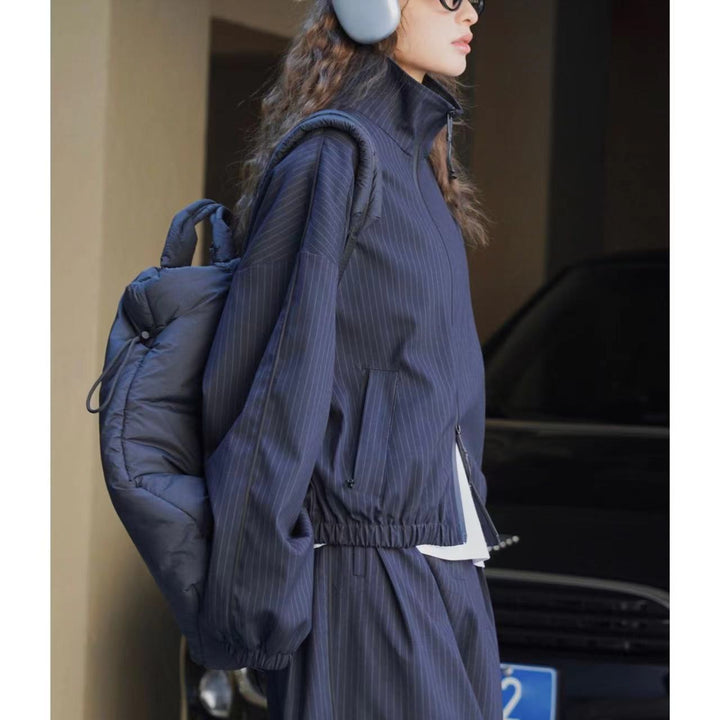 Women's loose pinstripe training jacket with stand-up collar, zipper and elastic hem Amarae