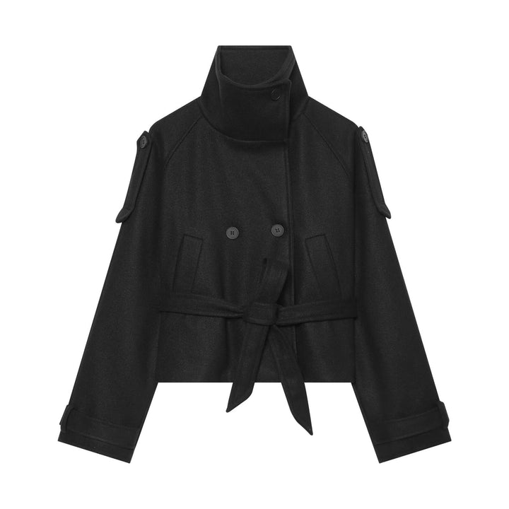 Women Short Wool Blend Cape Jacket with Waist Belt and Funnel Collar Amarae