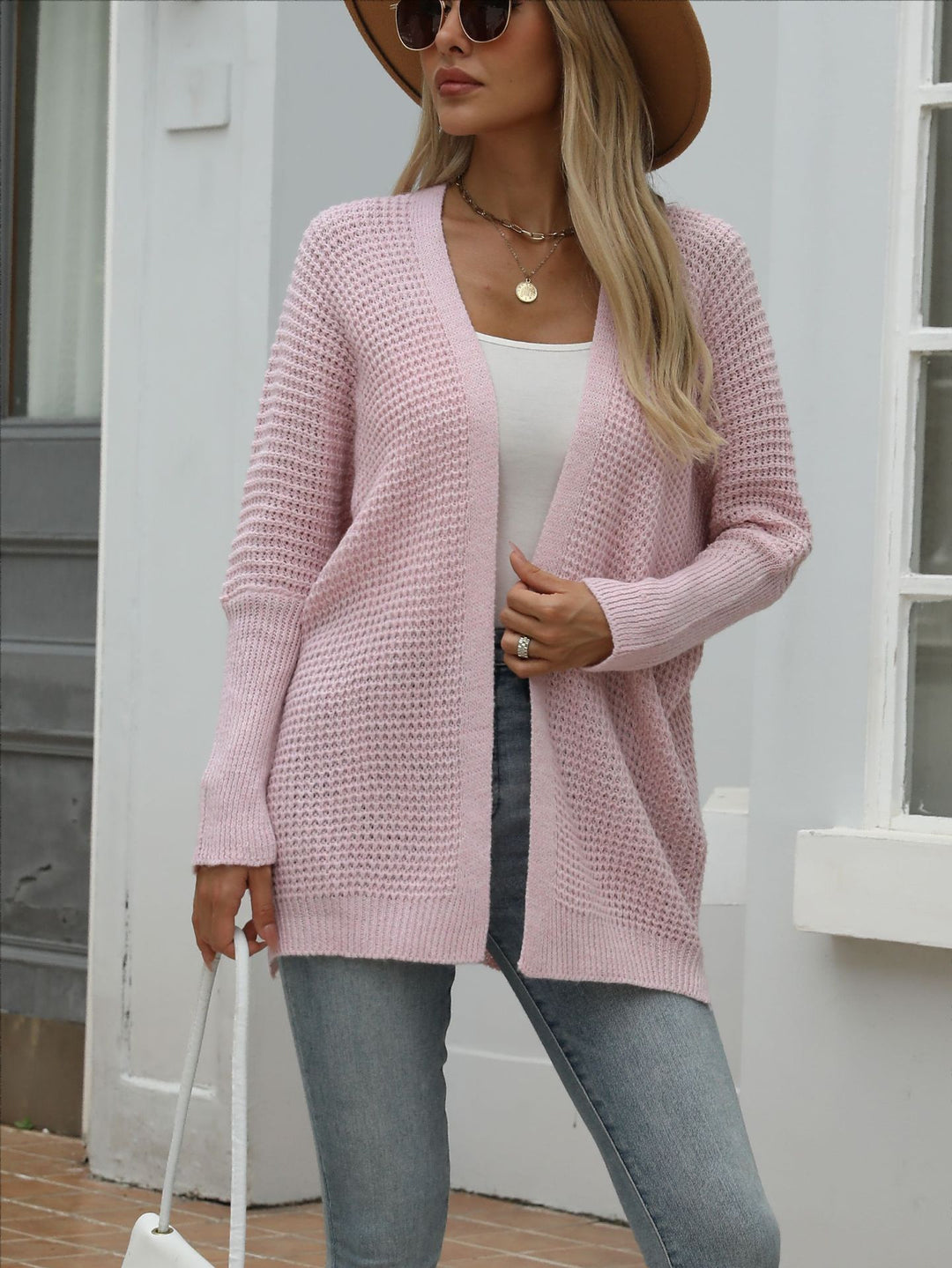 Ladies Large knit cardigan with modern honeycomb pattern and open cut Lune London