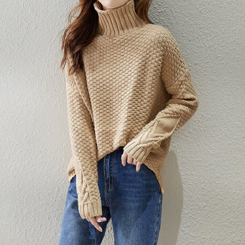 Ladies chunky knit sweater with high collar and structured design Amarae