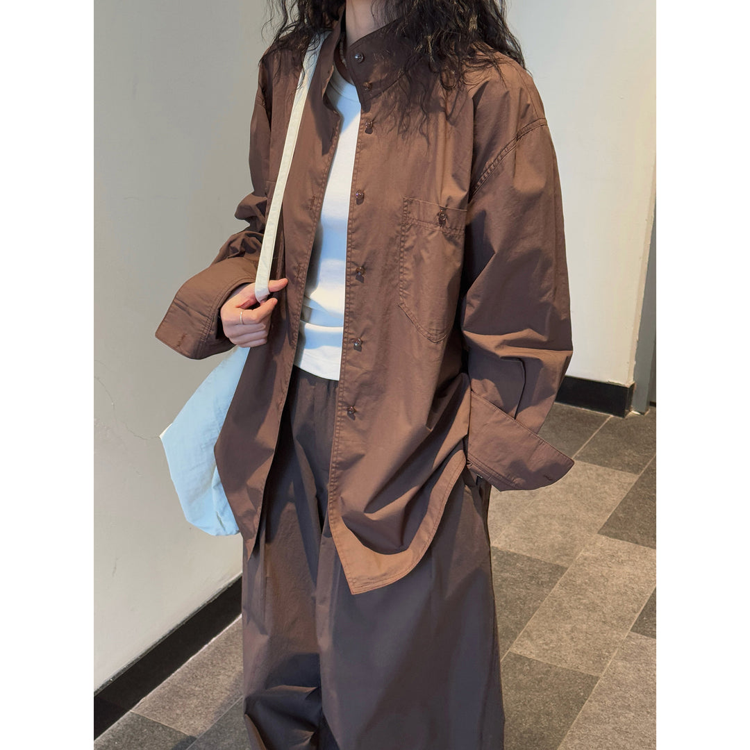 Women's Relaxed Shirt Jacket in Boxy Cut with Stand Collar and Chest Pocket Amarae