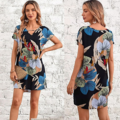 Ladies Tropical Print Dress Mini Relaxed Amarae