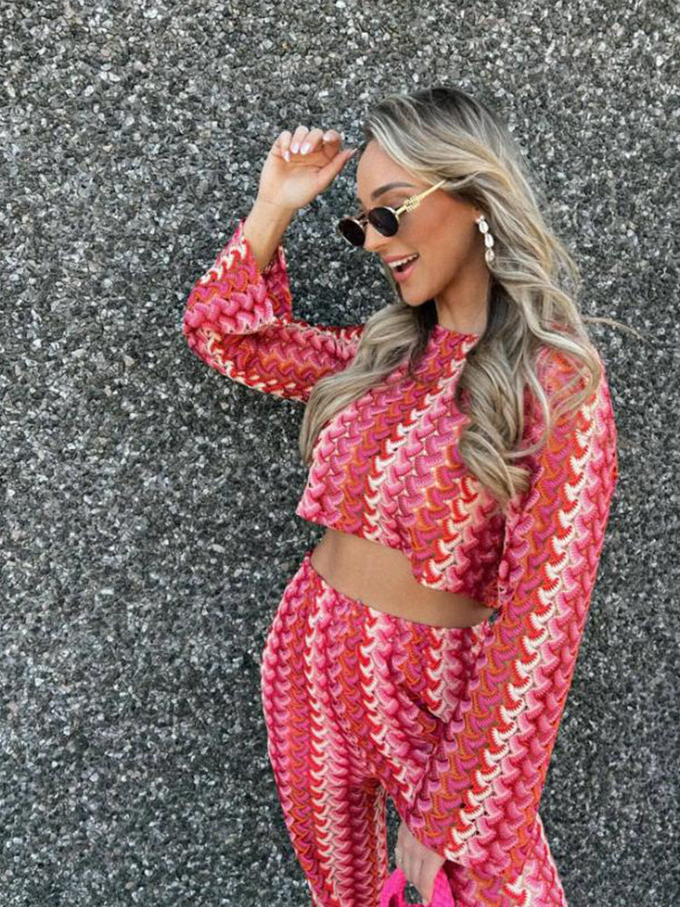 Women's Crocheted Two-Piece Lounge Set with Short Sweater and High-Waisted Palazzo Pants Amarae