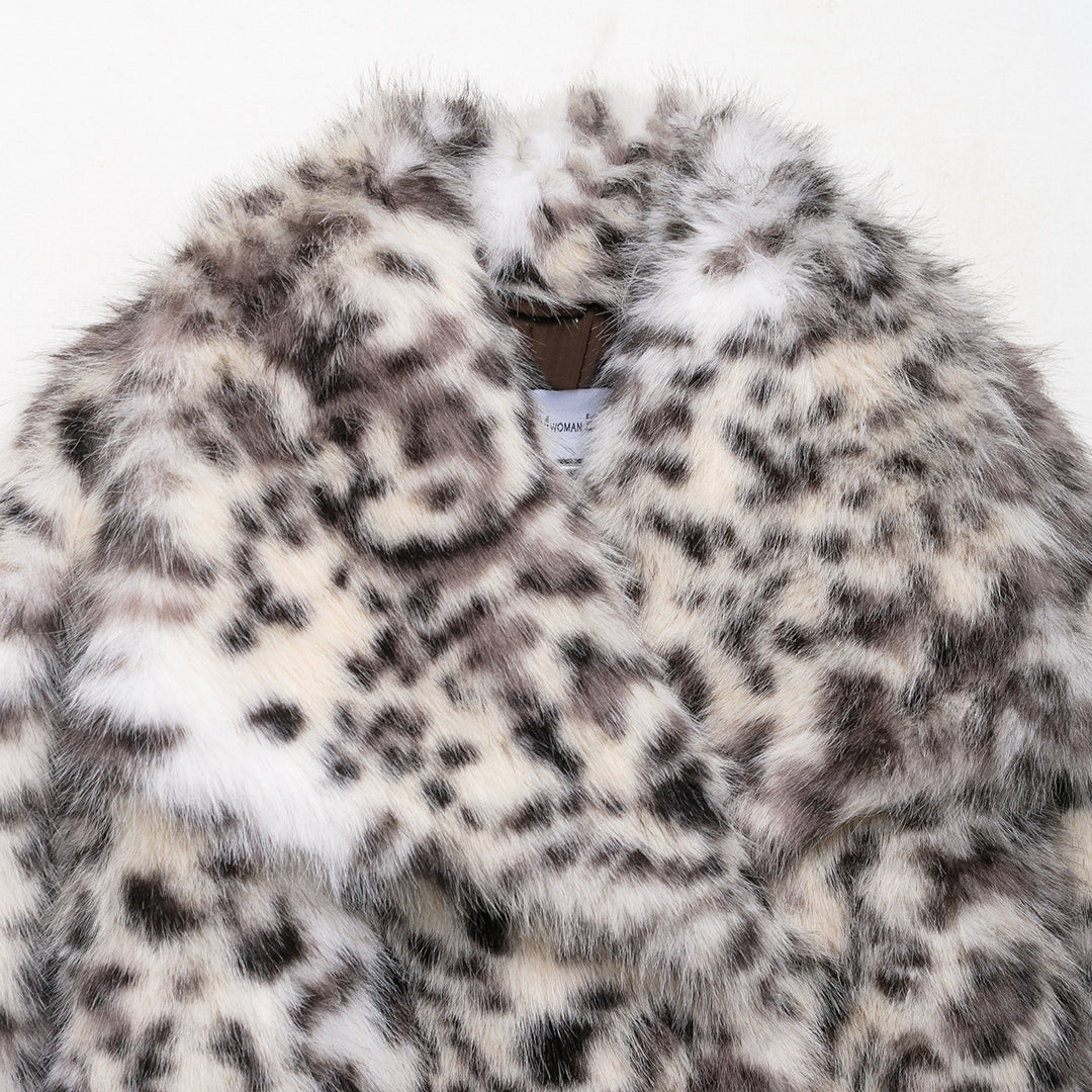Women's Short Faux Fur Coat with Leopard Print and Shawl Collar Amarae