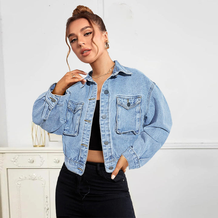Women Cropped Boxy Denim Jacket with Patch Chest Pockets and Short Hem Amarae