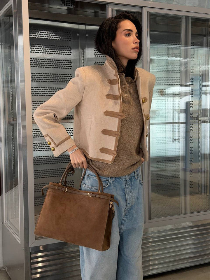 Women's Short Military-Inspired Jacket with Stand-Up Collar and Decorative Button Placket Amarae
