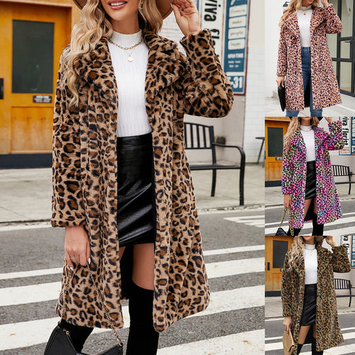 Ladies Plush Leopard Coat with Elegant Lapel Amarae