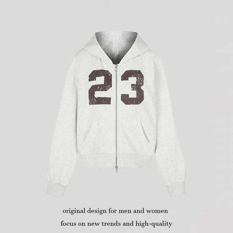 Women's Hooded Sweat Jacket in Retro Sports Style with Used Front Print and Kangaroo Pockets Amarae