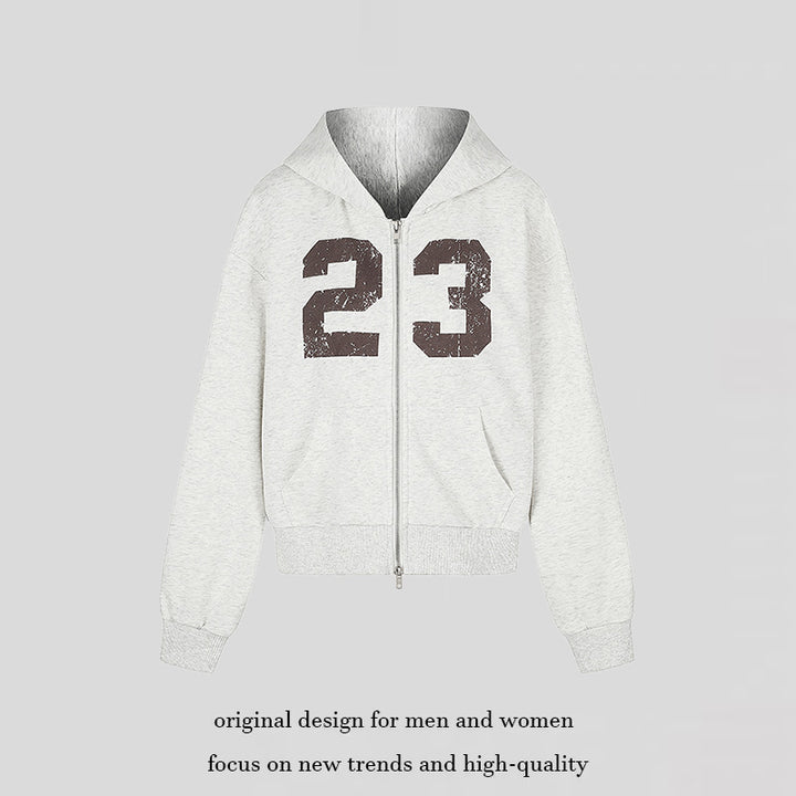 Women's Hooded Sweat Jacket in Retro Sports Style with Used Front Print and Kangaroo Pockets Amarae