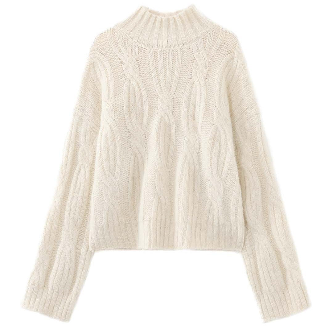 Women's Fluffy Turtleneck Sweater in Mohair Look with Voluminous Sleeves and Ribbed Hem