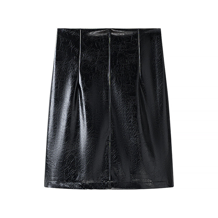 Women Short Faux Patent Leather Skirt with Straight Silhouette and Center Seam Amarae