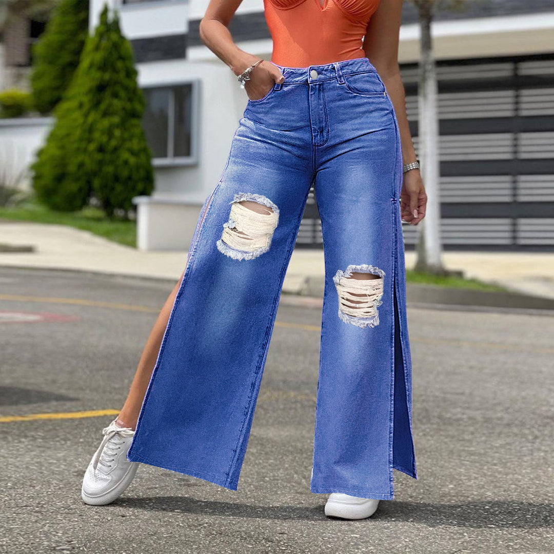 Ladies High-Waisted Wide-Leg Jeans with Knee Rips and Side Slits Amarae