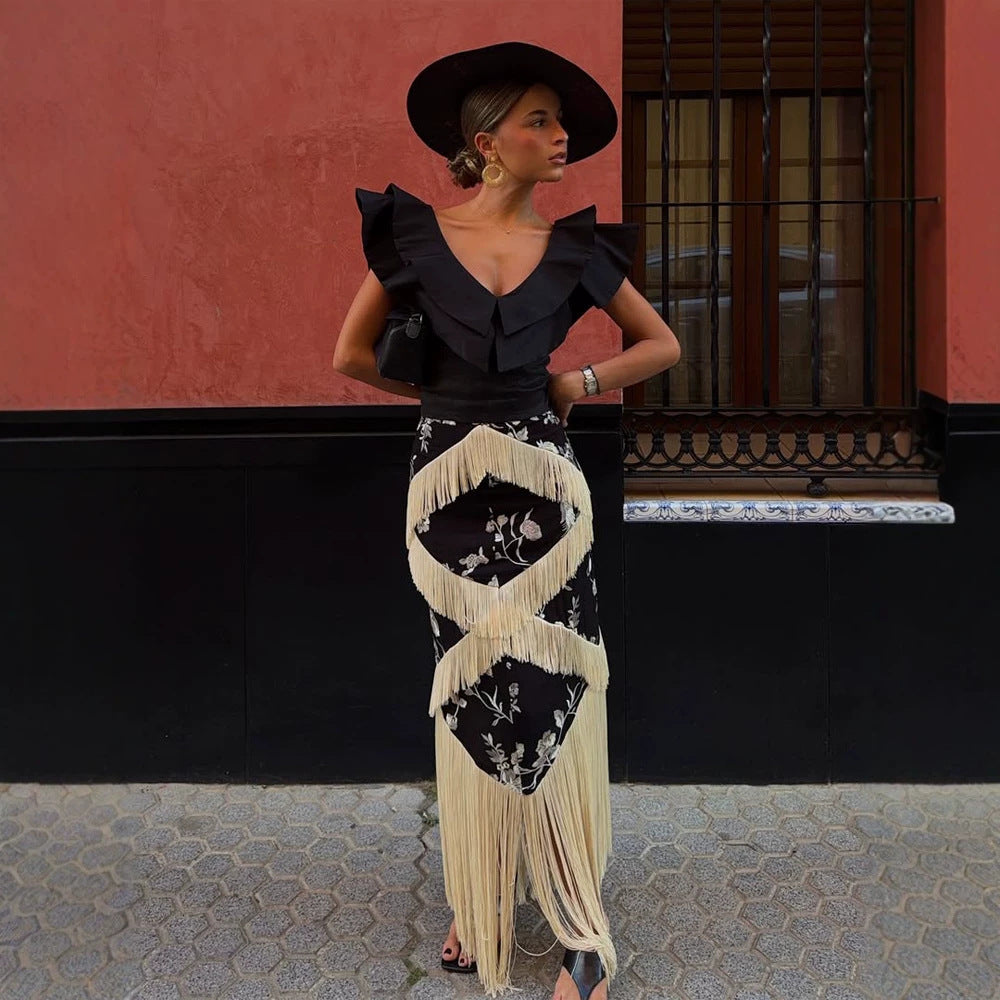 Women's Maxi Skirt with Floral Print & Layered Fringe Details Amarae