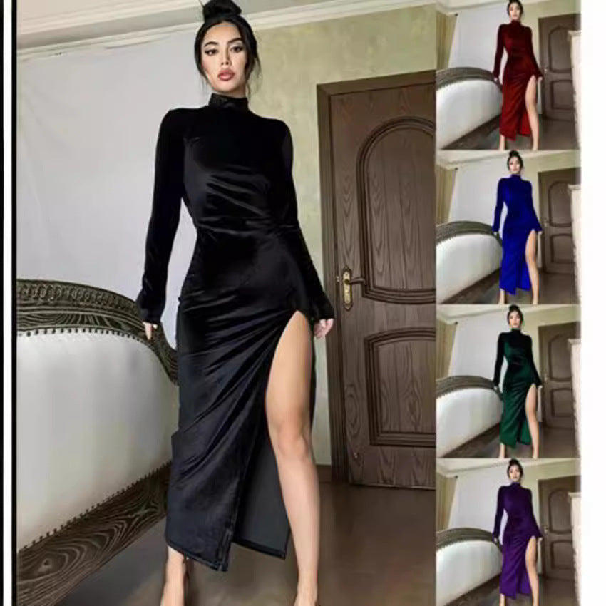 Elegant wrap dress for women with high neckline and side slit Lune London