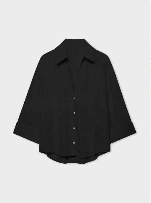 Women's Lightweight Oversized Linen Look Blouse with Three-Quarter Sleeves and Full Button Placket Amarae