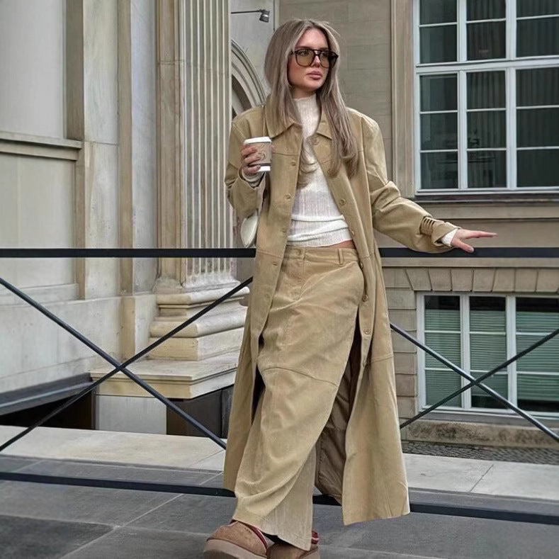 Women Long Faux Leather Coat with Full Button Placket and Panel Seams Amarae