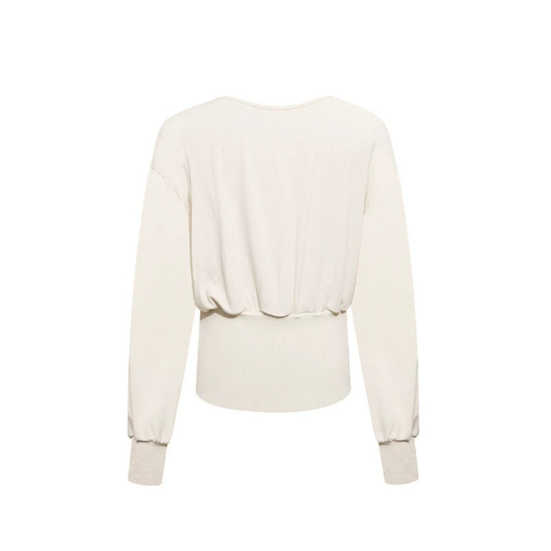 Women Draped Long Sleeve Top with Waterfall Collar, Open Back Strap and Fitted Ribbed Hem Amarae