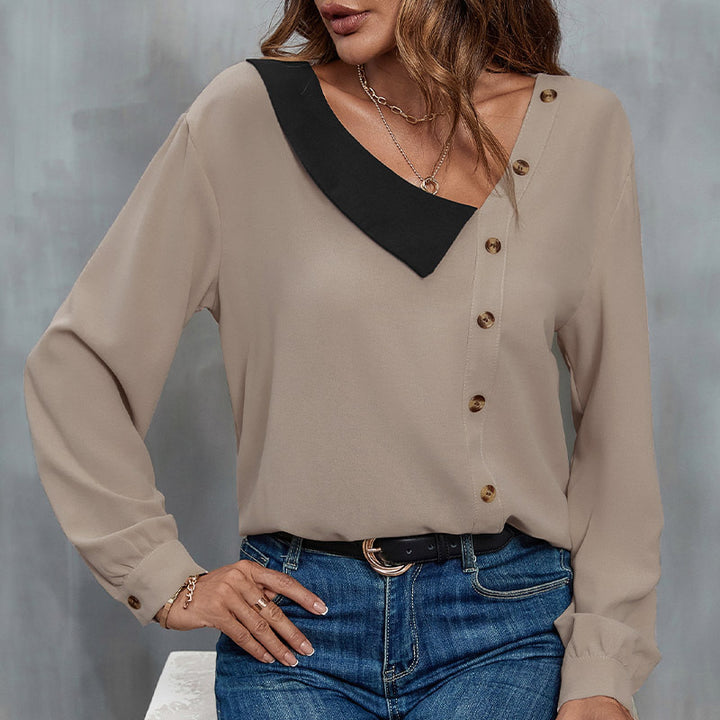 Blouse for women with asymmetrical collar and decorative button details Lune London