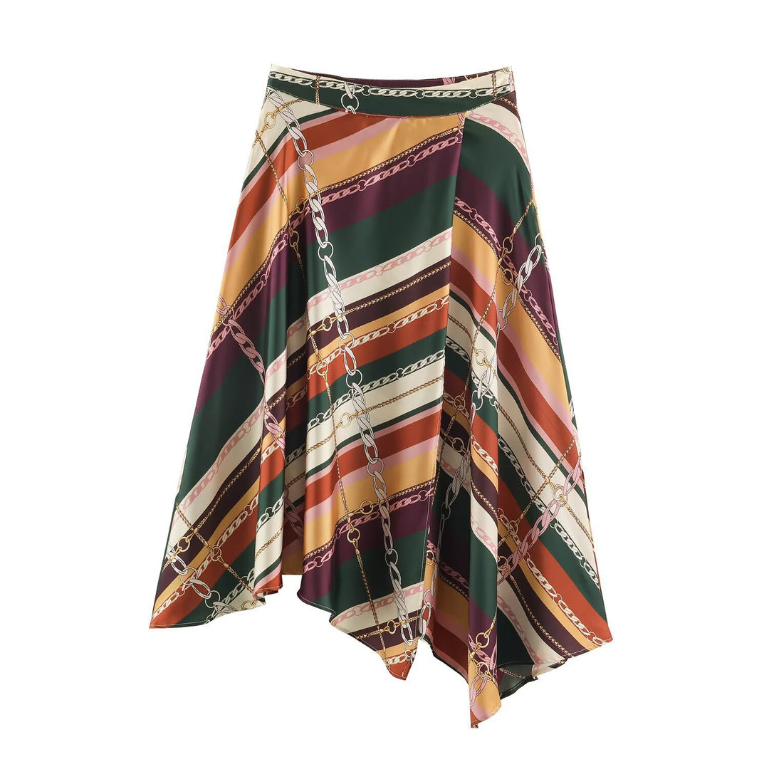 Women's Asymmetric Midi Skirt with Chain Print and Flowing Satin Look Amarae