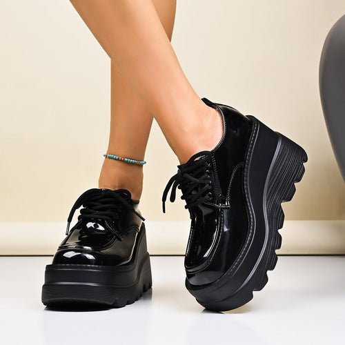 Amarae | Women's Platform Lace-up Shoes with Shiny Upper Material and Non-slip Sole