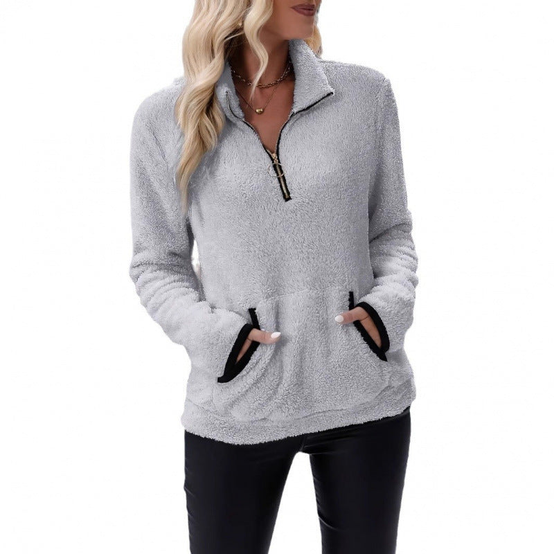 Women's fluffy fleece cuddle pullover with half zipper, kangaroo pocket and stand-up collar Amarae
