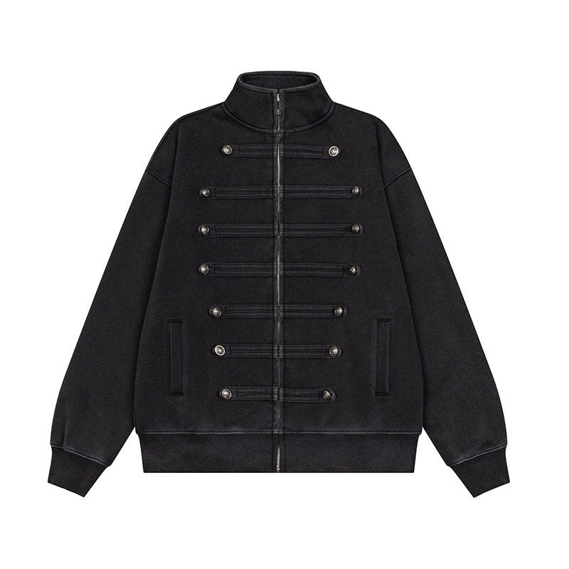 Men's Military-Inspired Sweat Jacket with Stand-Up Collar and Decorative Button Plackets Amarae