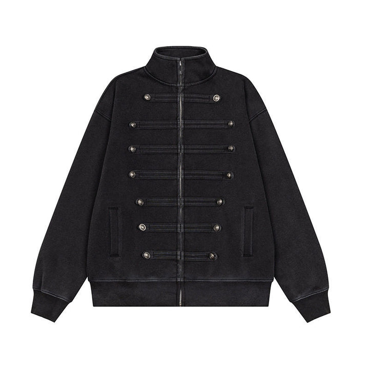 Men's Military-Inspired Sweat Jacket with Stand-Up Collar and Decorative Button Plackets Amarae