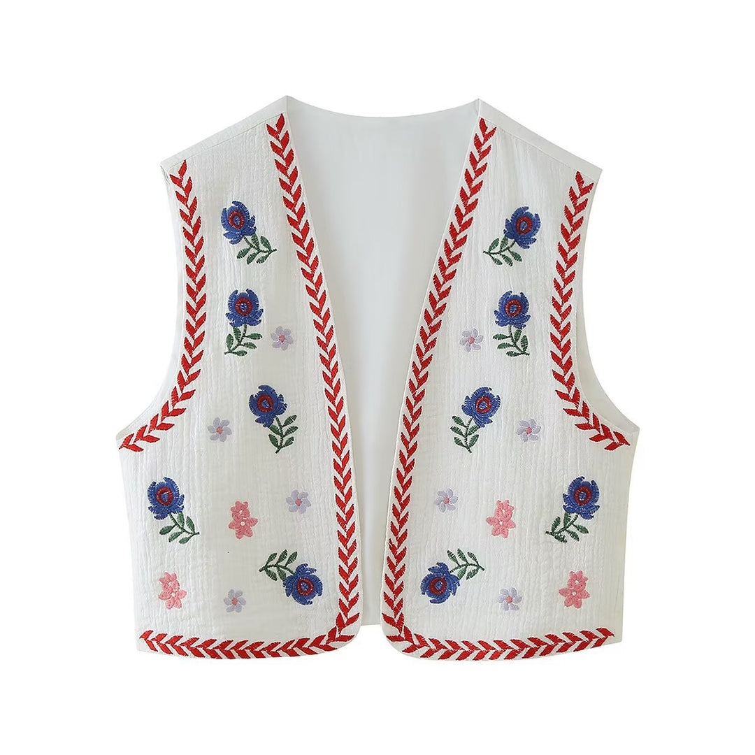 Women's Embroidered Cotton Vest in Boho Style with V-Neck and Decorative Trim Amarae