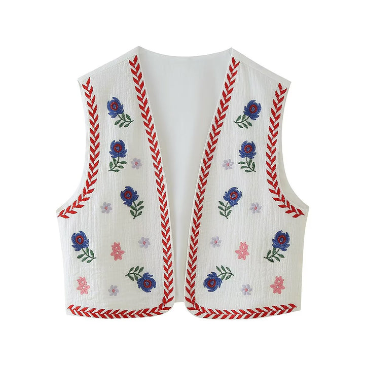 Women's Embroidered Cotton Vest in Boho Style with V-Neck and Decorative Trim Amarae