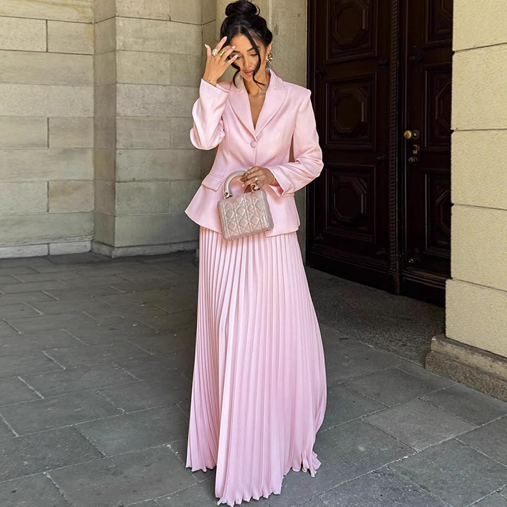 Women's Tailored Blazer and Midi Skirt Set with Pleated Skirt & Tied Belt Amarae
