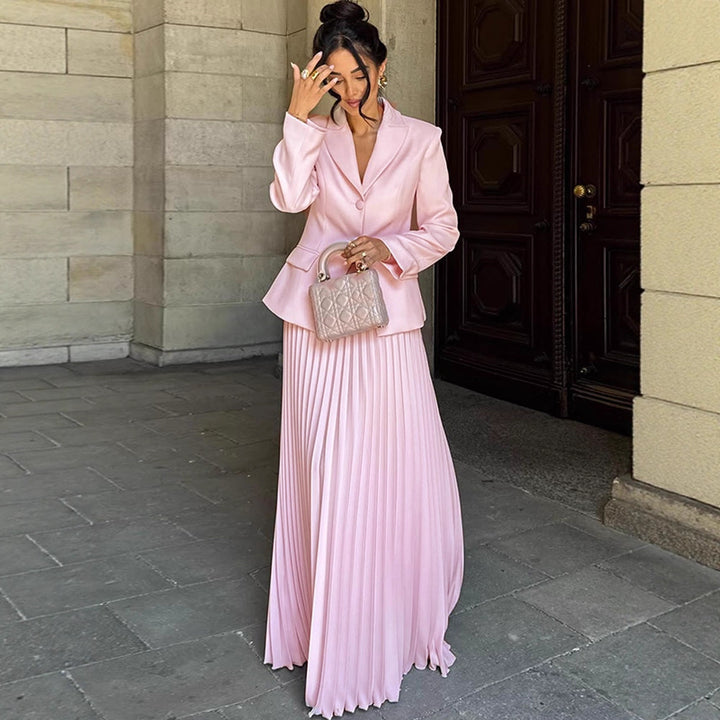 Women's Tailored Blazer and Midi Skirt Set with Pleated Skirt & Tied Belt Amarae