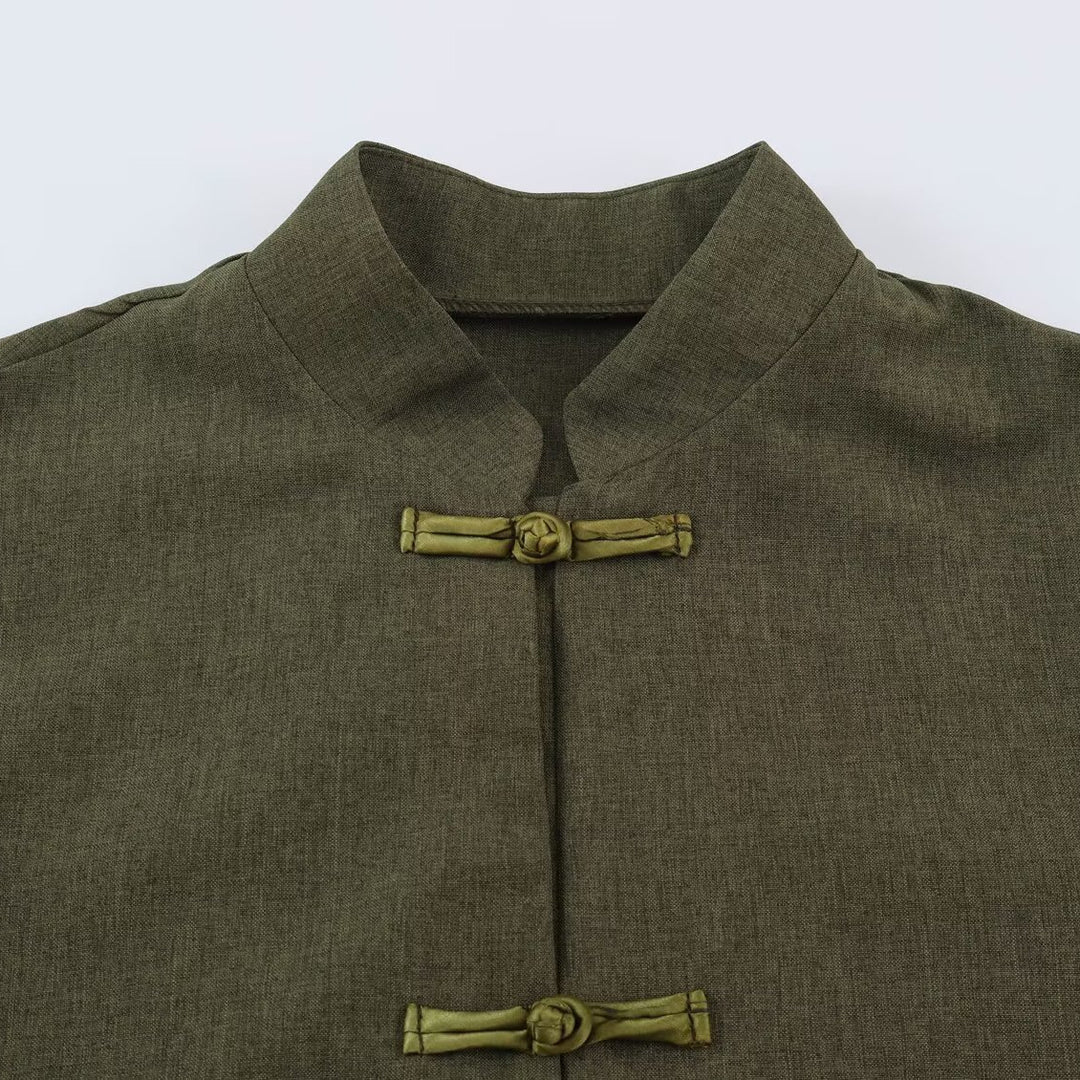 Women's Boxy Linen Blend Jacket with Stand Collar and Chinese Toggle Closures Amarae