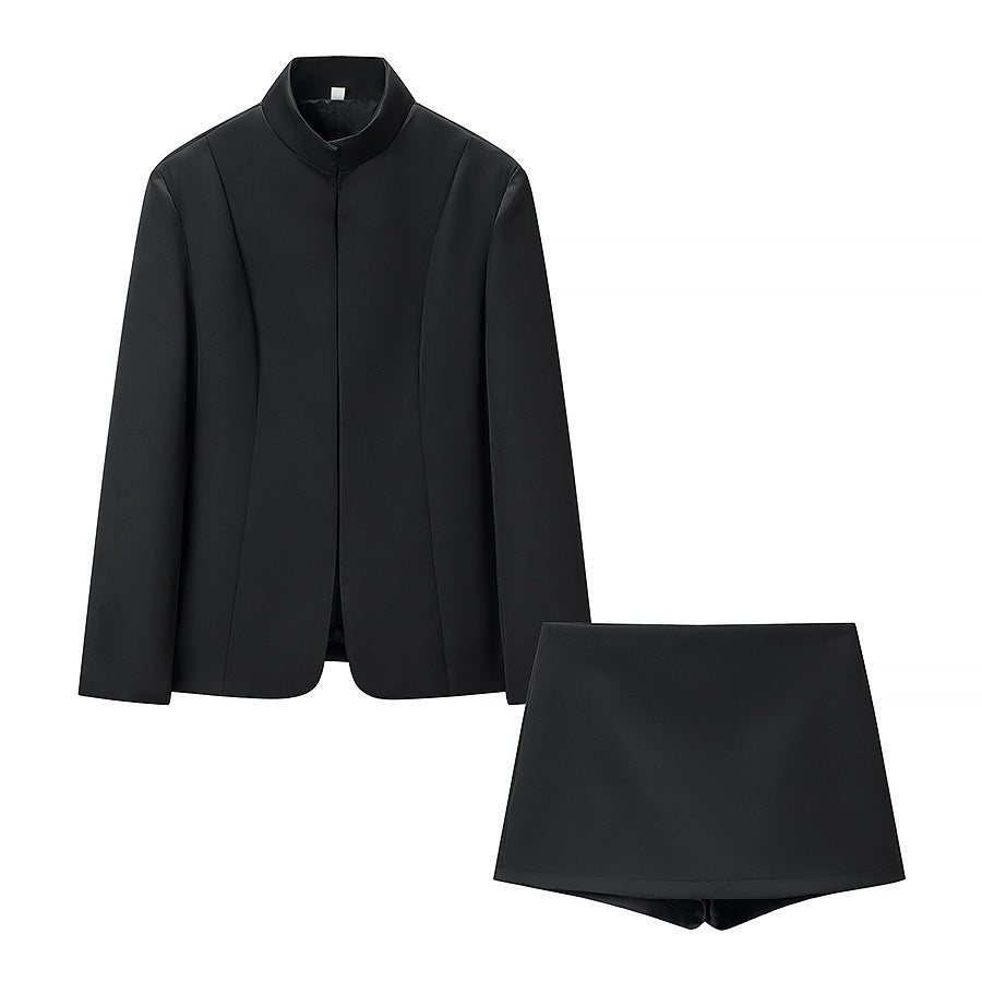 Women's short fitted blazer with stand-up collar and matching skort set Amarae