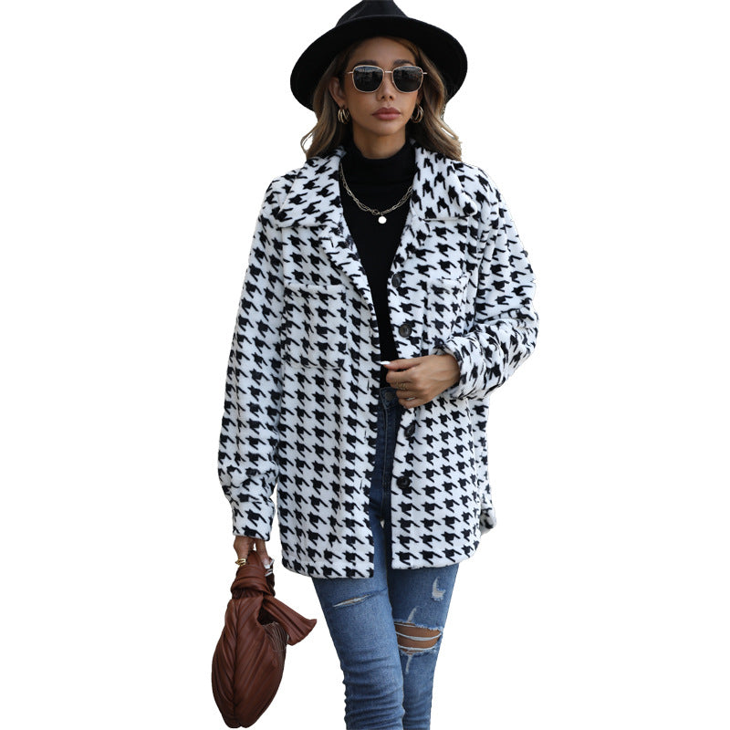 Ladies Check Pattern Plush Jacket with Convenient Pockets Lune London
