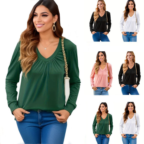Woman long sleeve V-neck t-shirt with elegant draping and a relaxed fit Amarae