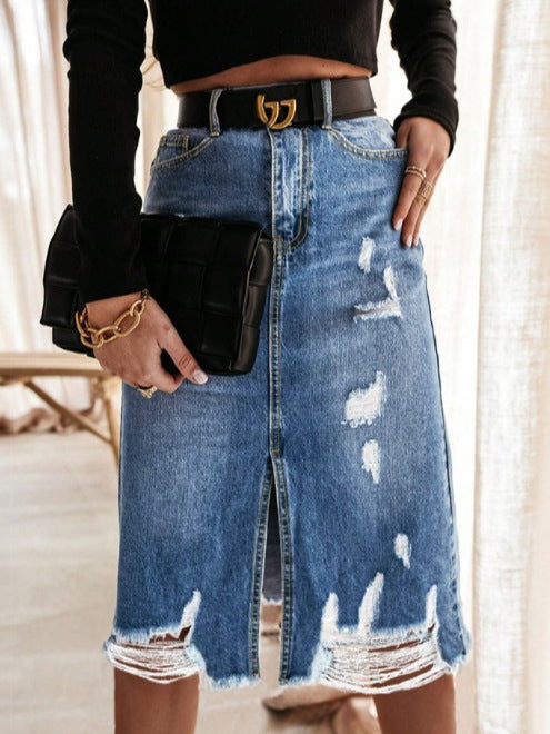 Women's High-Waisted Destroyed Denim Midi Skirt with Center Front Slit and Frayed Hem Amarae