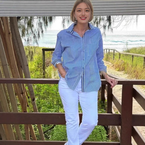 Striped long sleeve blouse for women with hidden button placket and loose fit Amarae