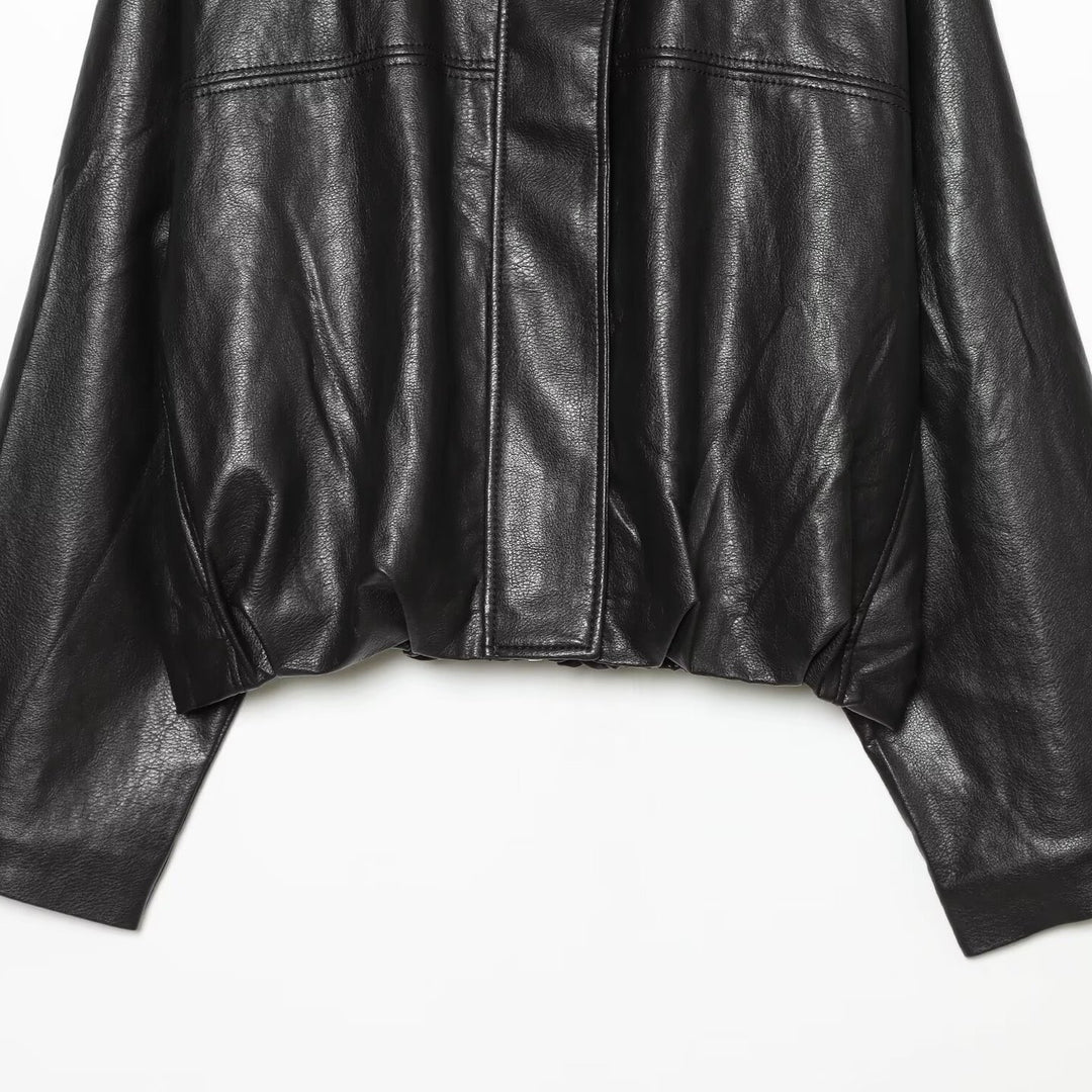 Women's Cropped Boxy Faux Leather Jacket with High Funnel Collar and Concealed Placket Amarae