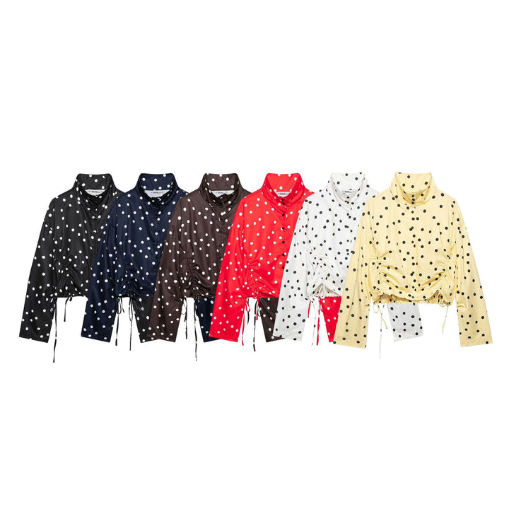 Women's Cropped Polka Dot Blouson Jacket with Standing Collar and Drawstring