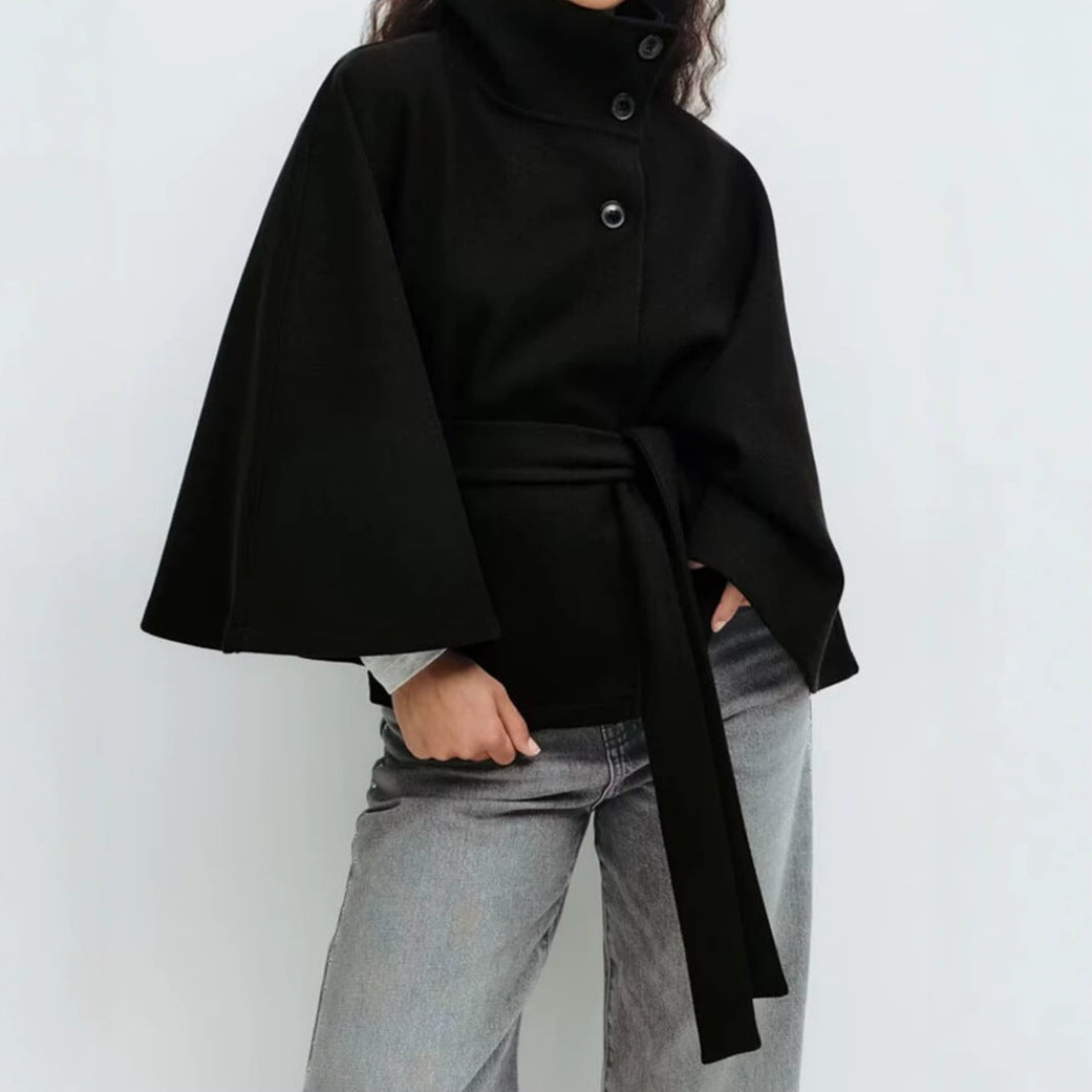 Women's short cape with stand-up collar, concealed button placket, and waist tie belt Amarae