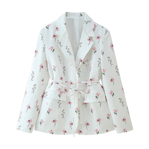 Fashionable women's blazer jacket with floral design and adjustable belt Amarae
