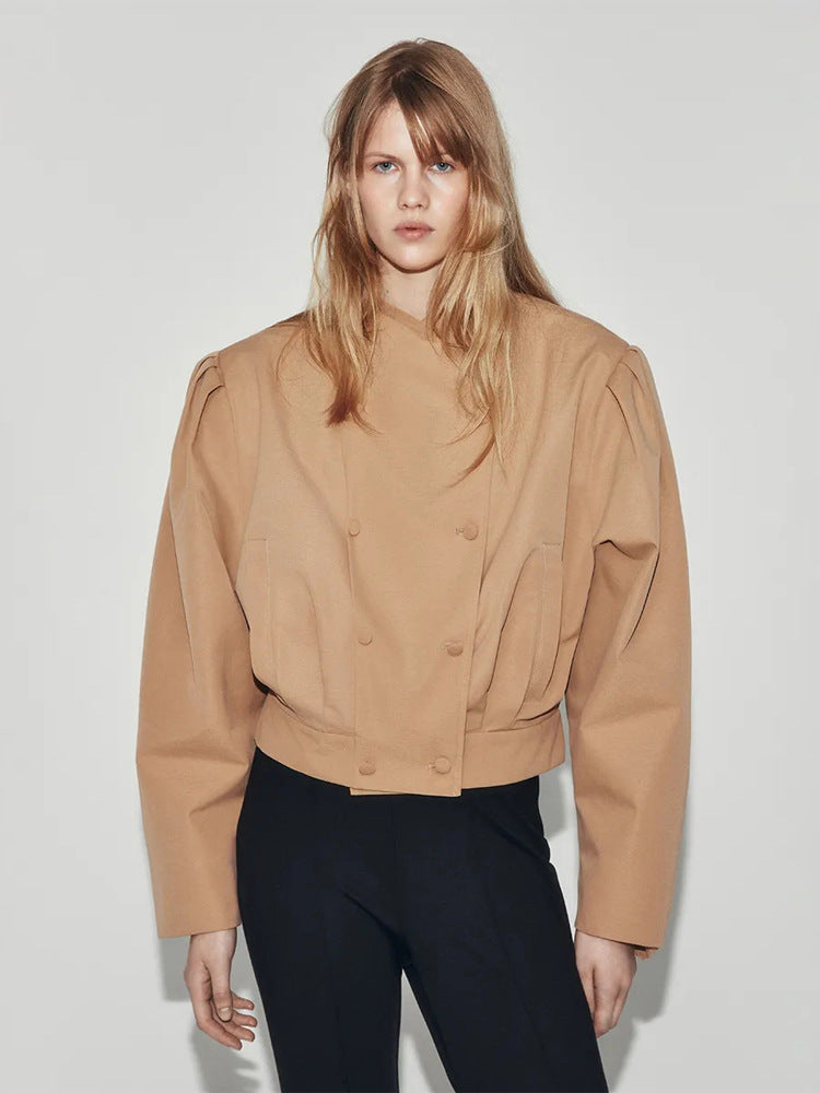 Women's short jacket in a boxy cropped cut with double button placket and structured shoulder pleats Amarae