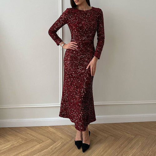 Women Glamorous Evening Dress with Sparkling Sequins and Elegant Long Sleeves Amarae