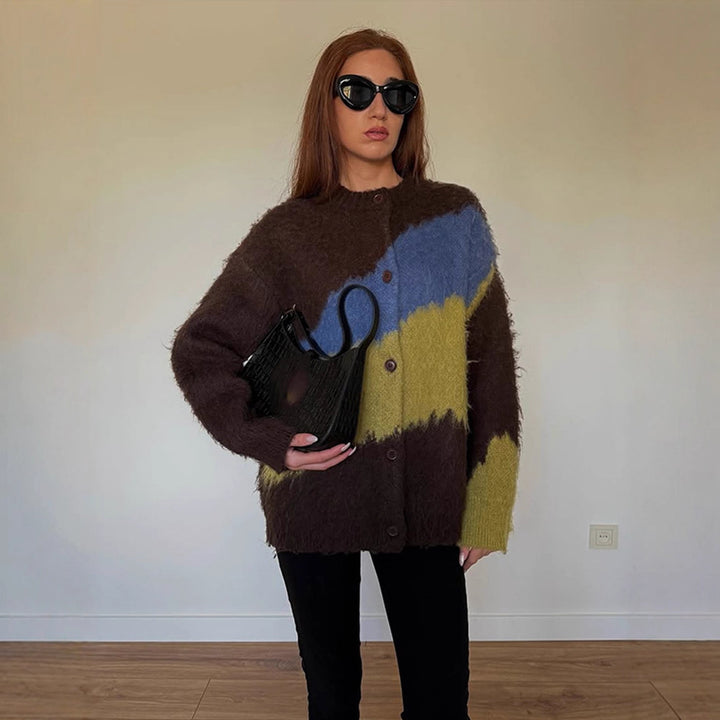 Women's Oversize Mohair-Blend Cardigan with Abstract Color Block and Button Placket Amarae