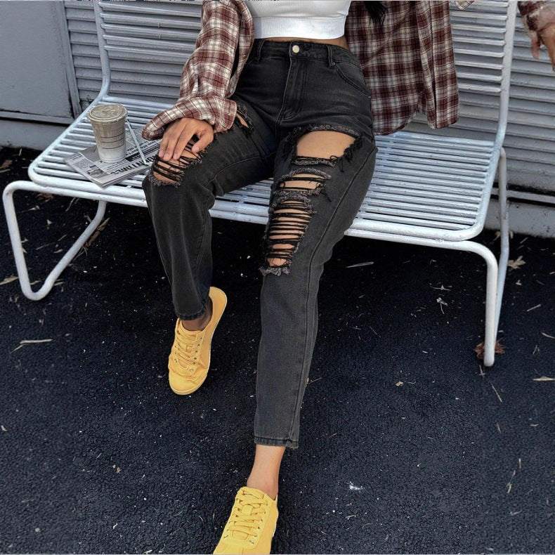 Ladies high-waisted ripped mom jeans with multiple knee cutouts and relaxed straight cut Amarae