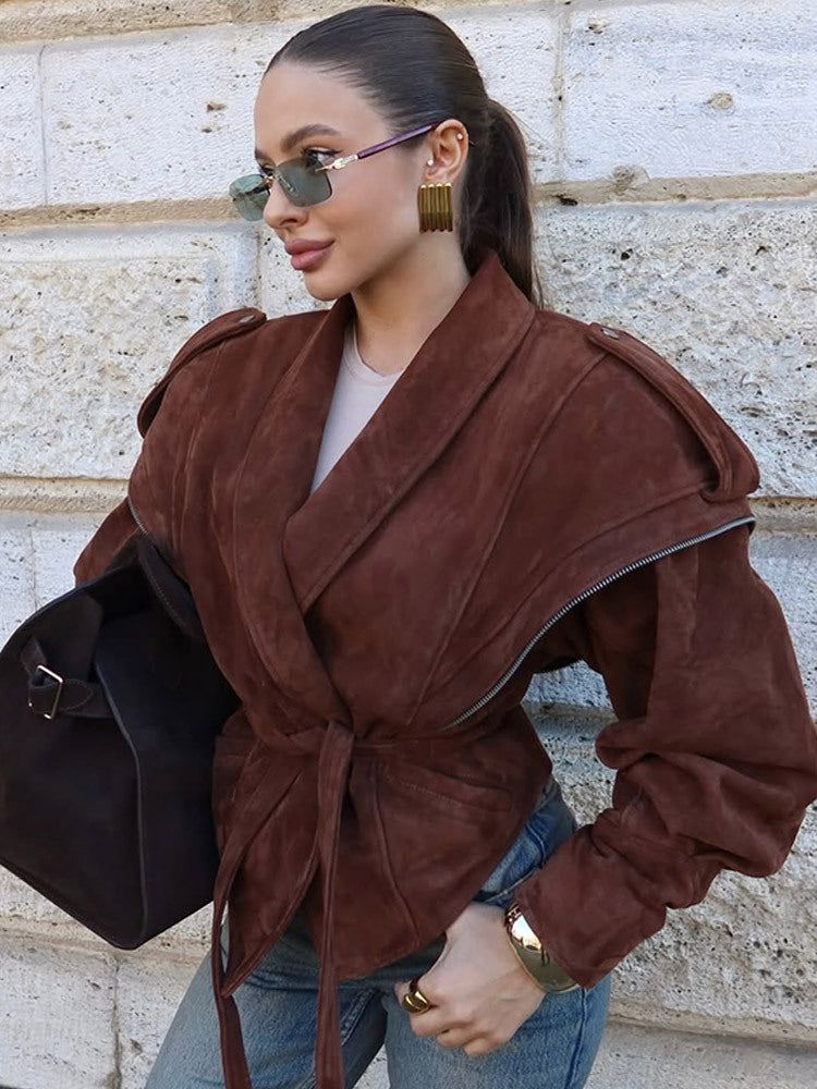 Women's Suede Wrap Jacket with Wide Shawl Collar and Waist Belt Amarae
