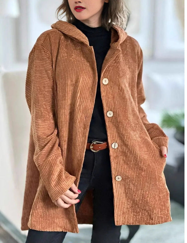 Womens wellness jacket in cord with hood and large buttons Lune London